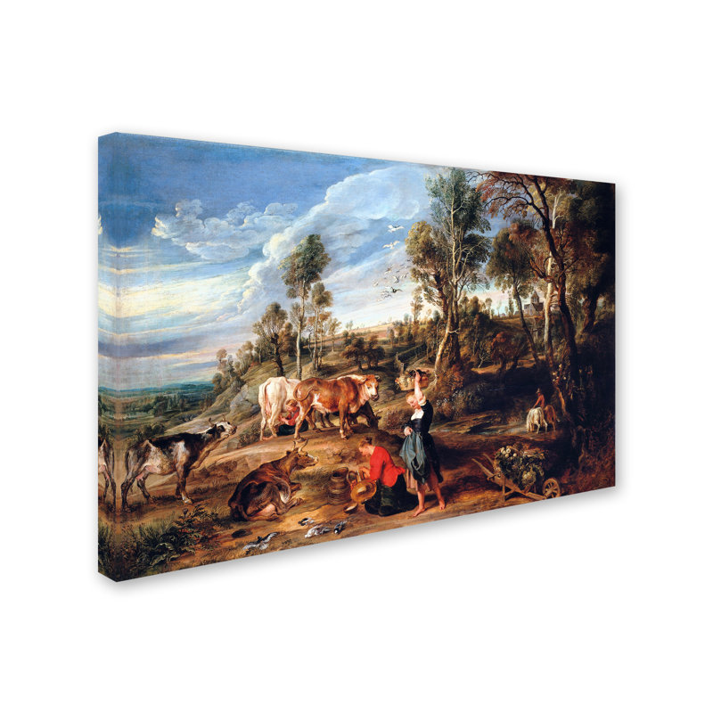 Reproduction d'art sur toile tendue, "Milkmaids With C best in a Landscape" par Peter Paul Rubens, H 12 po x l 19 po