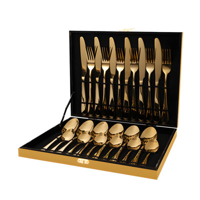 Ensemble de couverts en acier inoxydable 24 pièces avec boîte en bois doré, ensemble de couverts pour 6 personnes