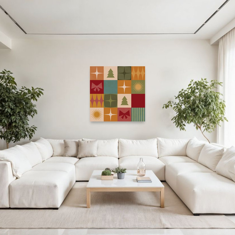 Impression d'art mural avec motif de Noël abstrait et coloré géométrique style années 50, sapin de Noël et paysage d'hiver