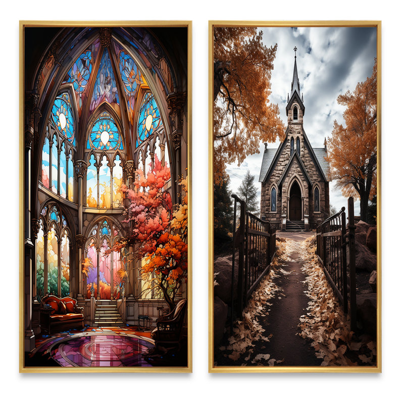 «Vitrail d'église», 2 pièces sur toile, Encadrement doré, H 40 po x l 40 po