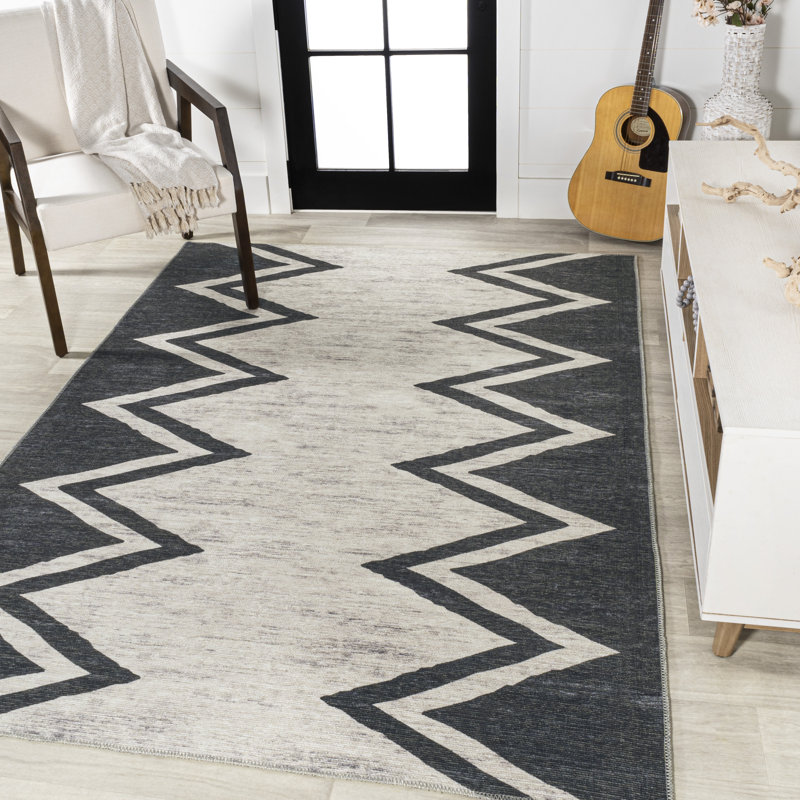 Bonnes Modern Chevron Border Machine-Washable Ivory/Navy Rug, Rectangle 2'11" x 5'