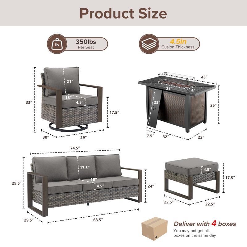 Drazen 7 - Person Patio Furniture Set With Fire Pit Table, All-Weather Wicker Outdoor Conversation Set With Chair And Thick Cushions