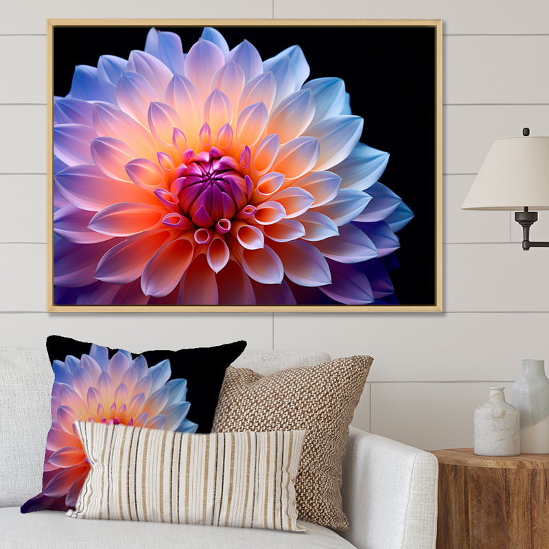 Dahlia rose étreinte efflorescente - imprimé, Cadre flottant blanc, H 16 po x l 32 po x P 1 po