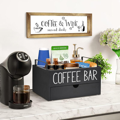 Coffee Station Organizer With Drawer, Wooden Coffee Bar Accessories Organizer For Counter, Farmhouse Kcup Coffee Pod Holder Storage Box With Handle, C -  Latitude Run®, 8737C6EE579A4BEAAA50469BCBA85F5F