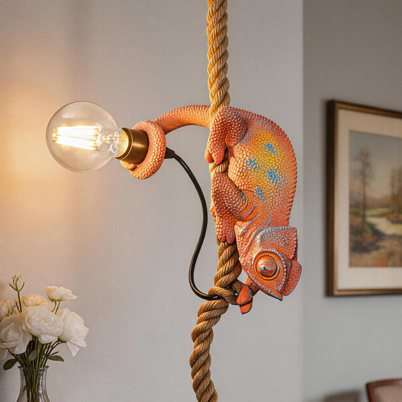 Luminaire suspendu lézard avec corde en jute et douille E26 câblée, Orange / Vert