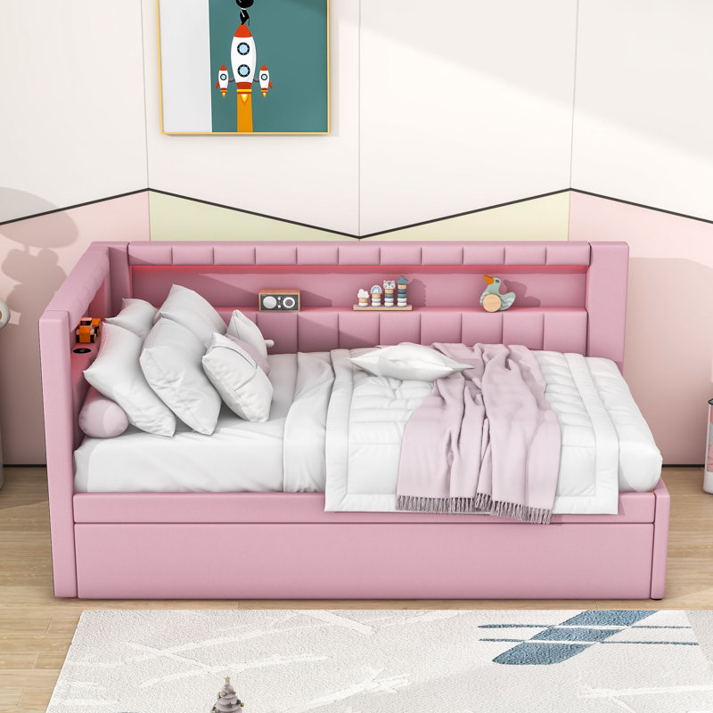 Lit de jour simple en bois avec ports USB, DEL et lit gigogne simple, Rose
