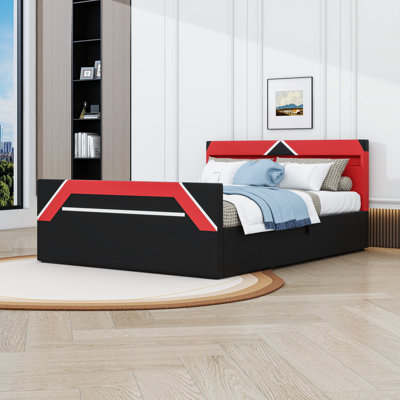 Cyberpunk Queen Size Upholstered Platform Bed with LED Headboard and Hydraulic Storage