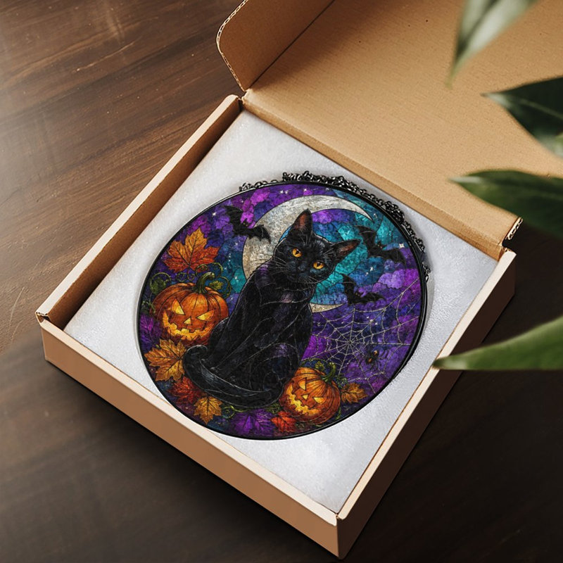 Chat noir avec vitrail Halloween, 3,5 x 3,5 po (9 x 9 cm)