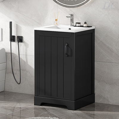 Meuble-lavabo de 20 po avec lavabo, armoire de salle de bain avec porte à fermeture douce, support de rangement et tablette réglable