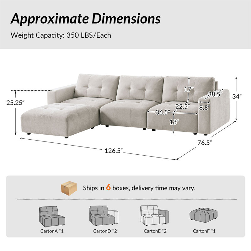 Canapé modulaire surdimensionné moderne de 126 po avec tissu en chenille et coussins en mousse à mémoire de forme Esme