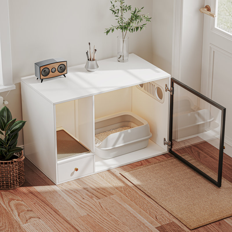 Grande / haute boîte à litière pour grands chats, armoire à litière intérieure en bois pour chat avec porte en verre et lumière, meuble moderne pour salle de bain avec rangement pour animal domestique, table de bout blanche pour la maison