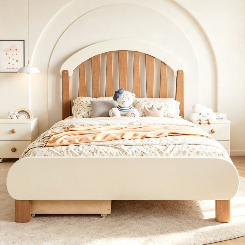 Lit plateforme simple avec tiroir de rangement, structure de lit simple en bois avec tête de lit ronde, aucun sommier nécessaire, beige et naturel profond