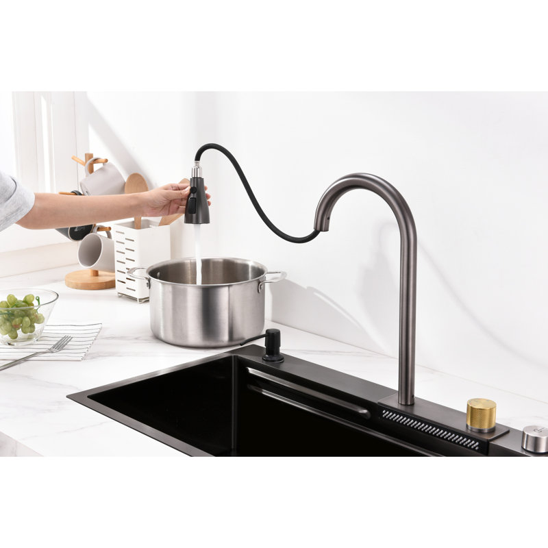 Lavabo de cuisine en acier inoxydable 304 de style cascade de pluie avec évier de drainage gris