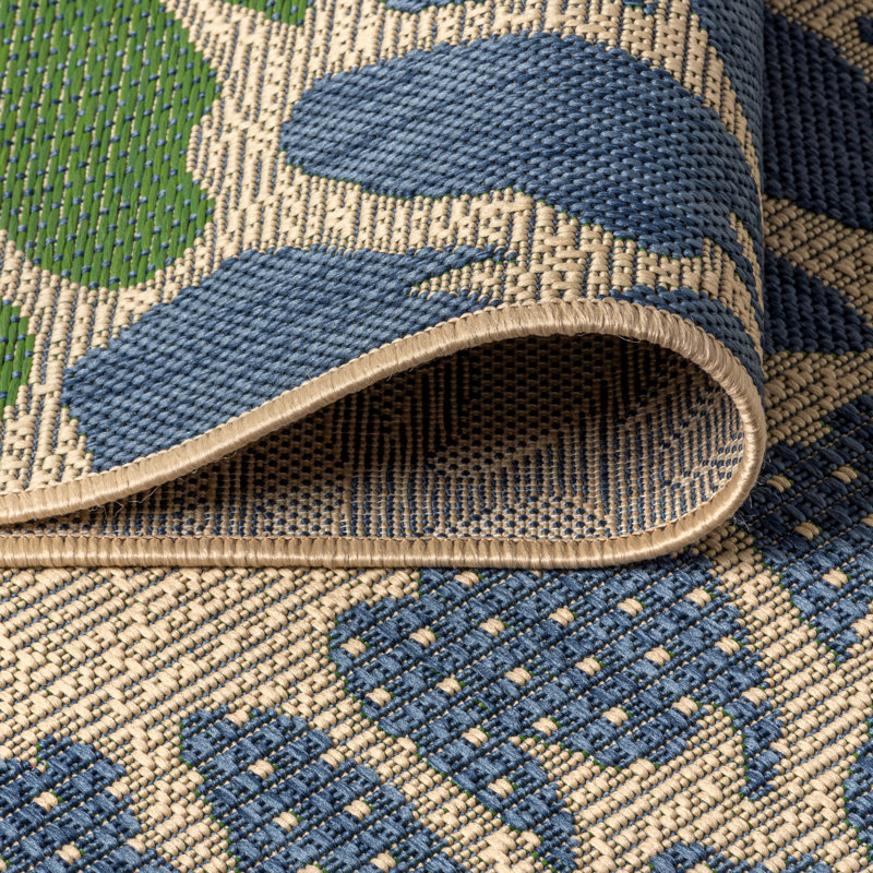 Hagy Modern Floral Textured Weave Navy/Green Indoor/Outdoor Rug, Square 3'1"