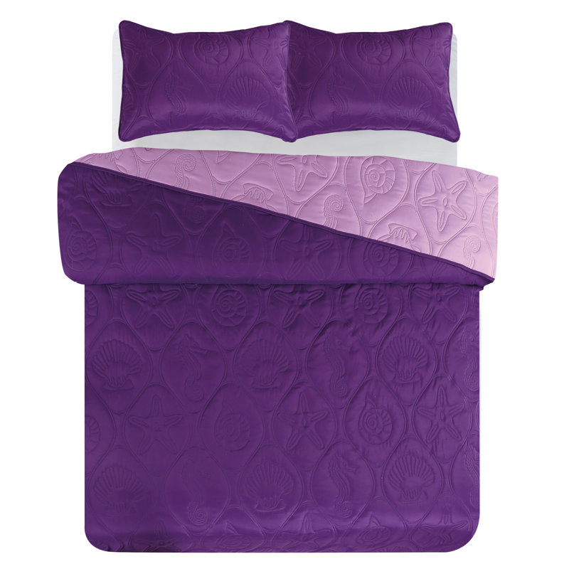 Ensemble de couvre-lit réversible Pinsonic, Couvre-lit de très grande taille et 2 taies déco, Mauve