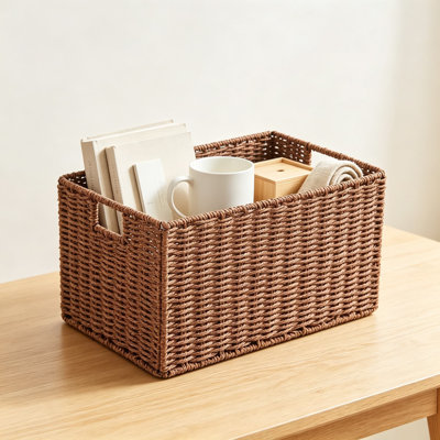 Set of 2 Hand-Woven Paper Rope Wicker Storage Baskets, Foldable Cube Organizer Bins for Shelves, Toilet Paper and Bathroom Storage