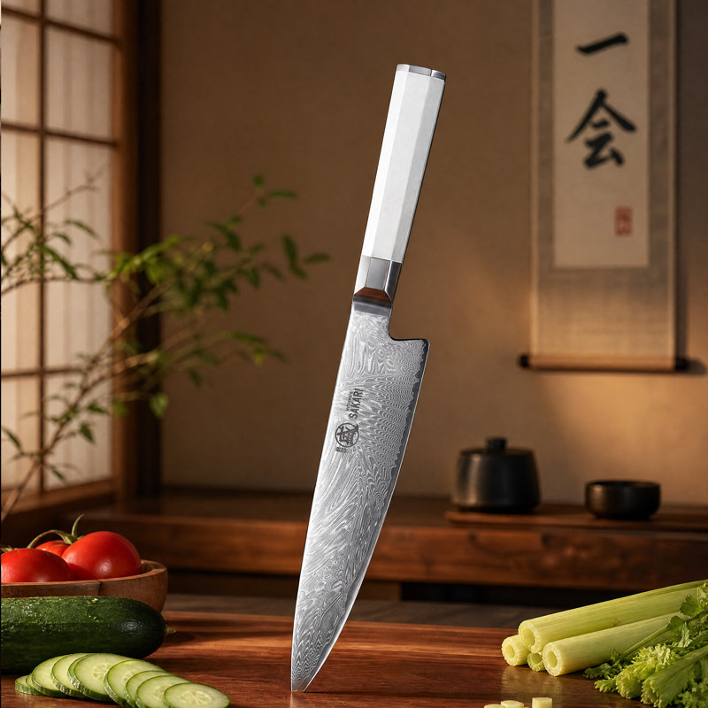 Mitsumoto Sakari Damascus Chef Knife, 8 Inch Kitchen Knife