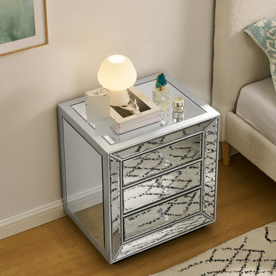 Meuble à trois tiroirs perlé argenté, aspect miroir de haute qualité, surface facile à nettoyer, tiroirs spacieux, pour rangement de magazines et d'écouteurs