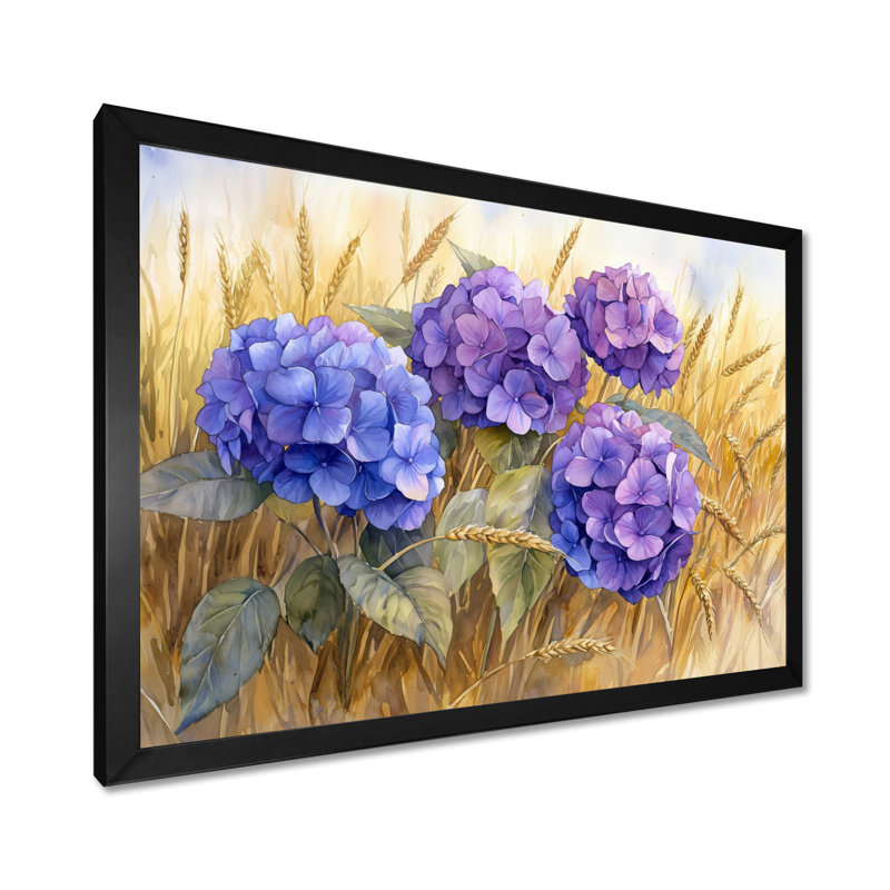 Hortensias dans le champ de seigle - hydrangées, décoration murale, Impression d'un seul cadre photo, Noir, H 12 po x l 20 po