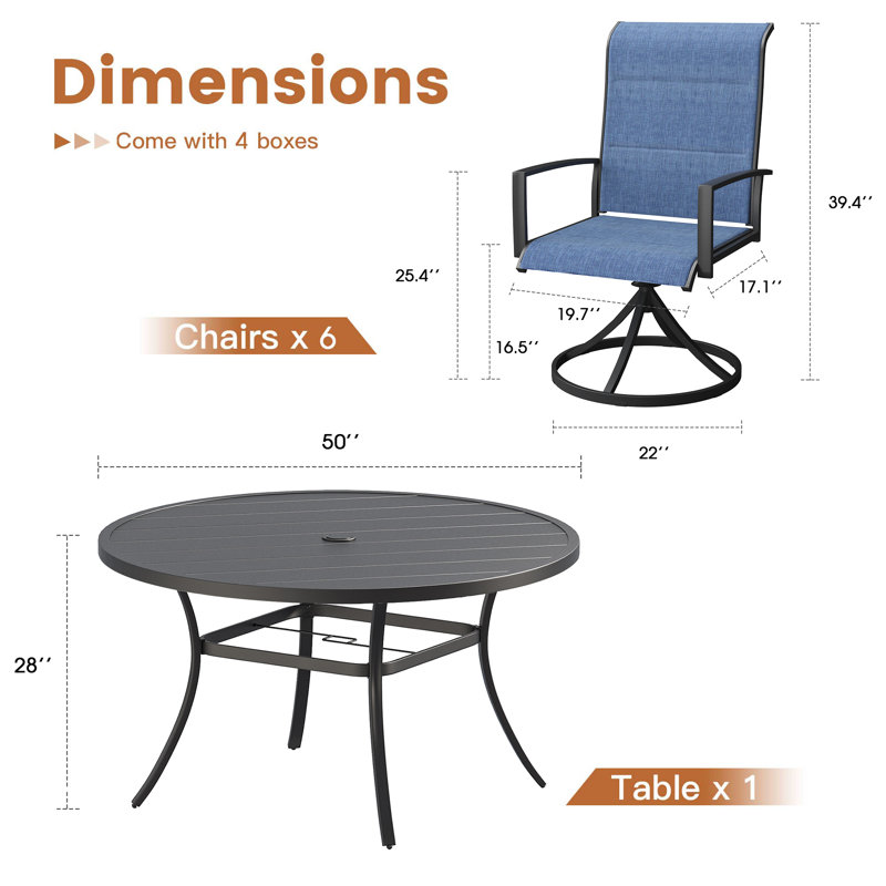 6-Person Patio Dining Set with 50" Round Dining Table and Padded PVC-coated polyester Swivel Chairs, Black/Blue