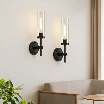 Ensemble de 2 appliques murales modernes câblées avec abat-jour en verre transparent, finition noir mat pour miroir de salle de bain, salon, chambre à coucher et couloir