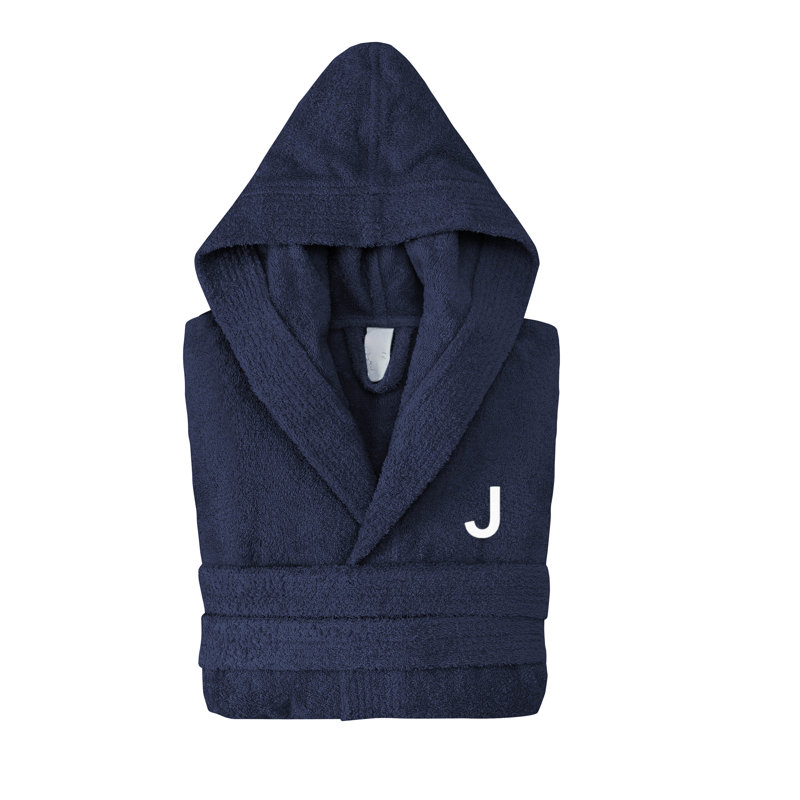 Peignoir monogrammé à capuche en coton turc, Marine, J