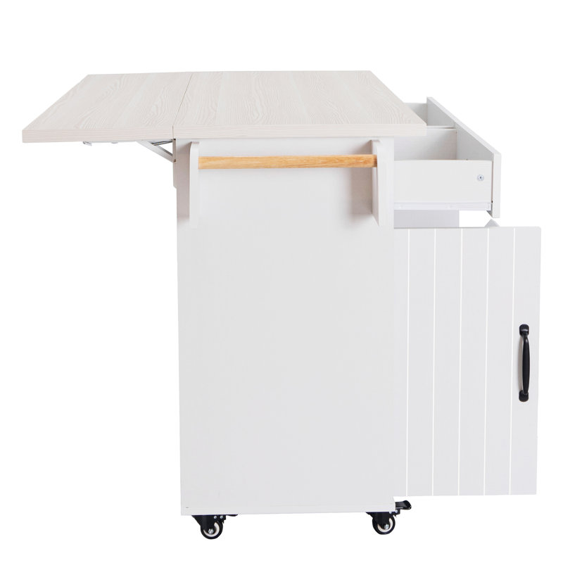 Îlot de cuisine avec compartiment poubelle, comptoir rabattable, étagère à épices, porte-serviettes, poubelle multifonctions fixe, comptoir, étagère, blanc