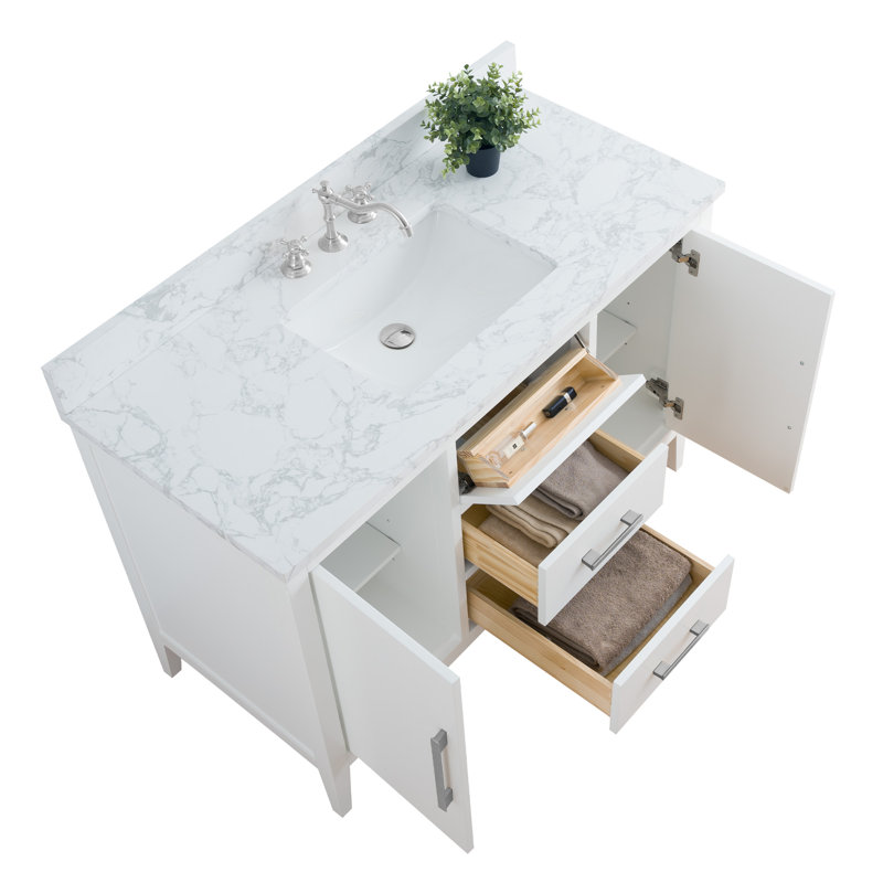 48'' Single Bathroom Vanity with Engineered Marble Top, Brushed Nickel, White