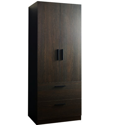 Armoire en bois massif brun foncé avec deux portes, tiroirs et barres de suspension - fermeture en douceur, rangement extra profond, eau et chaleur, teinture anti-rayures pour des tiroirs à deux portes