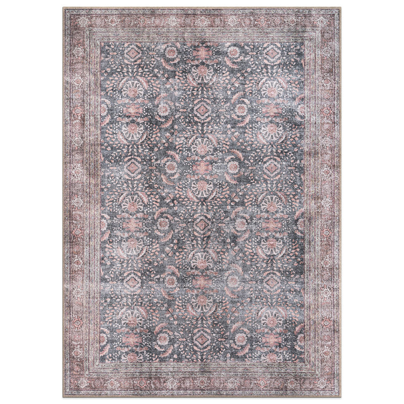 Labarbera Machine Washable Charcoal/Red Non-Slip Backing Area Rug, Rectangle 6' x 9'