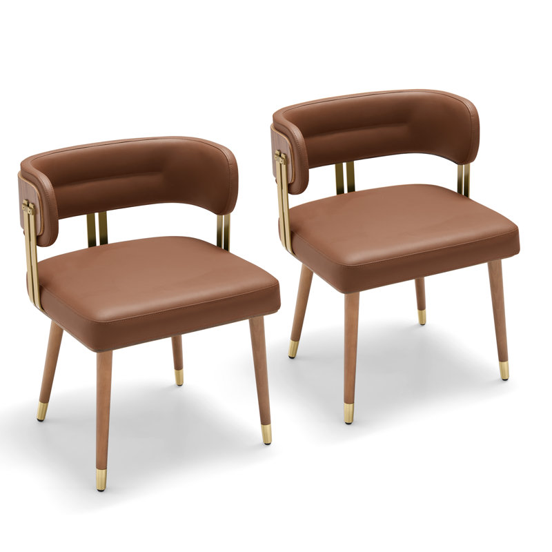 VBANPA Modern Dining Chairs Set Of 2, Mid-Century Upholstered Leather Dining Chairs With Thick High-Resilience Foam Cushion For Maximum Comfort, Walnut Wood Veneer & Gold Metal Legs, Dining Chairs With Anti-Slip Pads For Kitchen And Dining Room