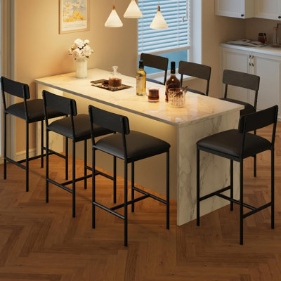 Ensemble de 6 tabourets de bar rembourrés à hauteur de comptoir rustique noir, chaises de salle à manger de 25,5 pouces avec dossier de soutien et repose-pieds intégré, meubles de bar à installation rapide pour îlot de cuisine, coin bar et coin repas