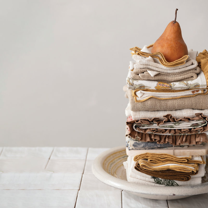 Cotton Ruffle Tea Towel with Botanical Print