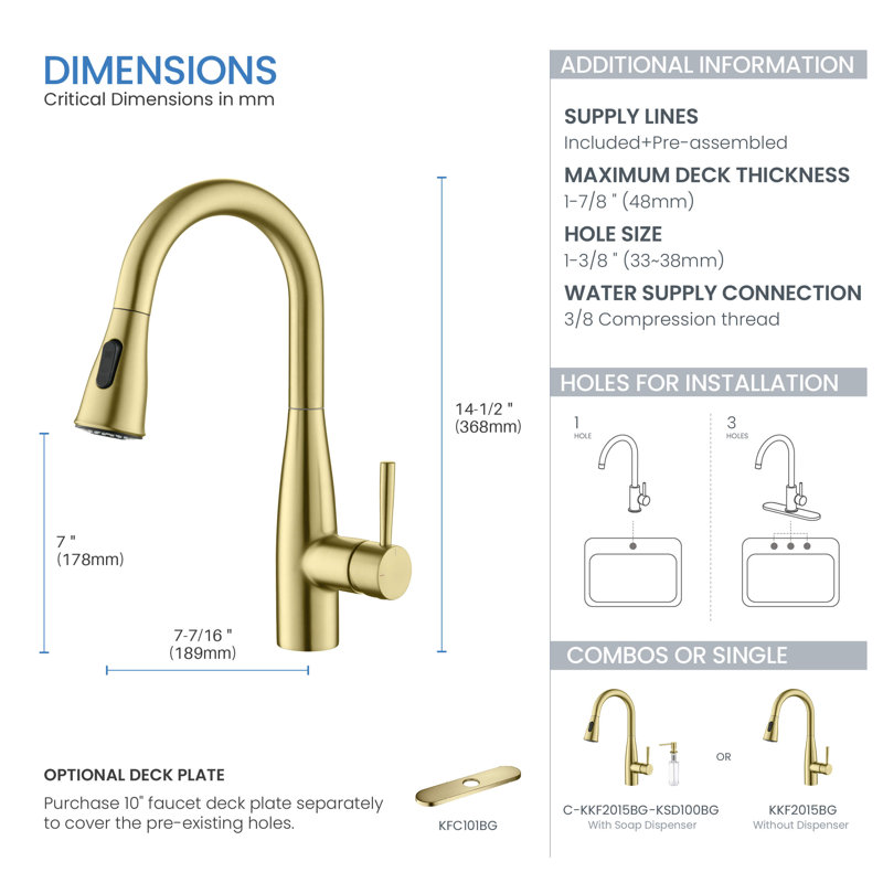 Bari Pull Down Single Handle Kitchen Faucet, Brushed Gold