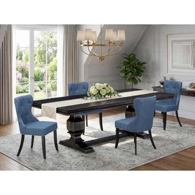 L'ensemble de table de salle à manger 5 pièces se compose d'une table de salle à manger rectangulaire et de 4 chaises rembourrées en tissu de lin bleu avec dossier capitonné - Noir sablé 