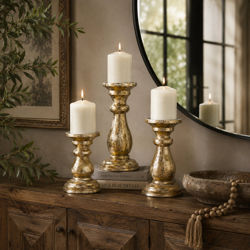 Mango Wood Turned Style Pillar Decorative Candle Holder Set, Gold