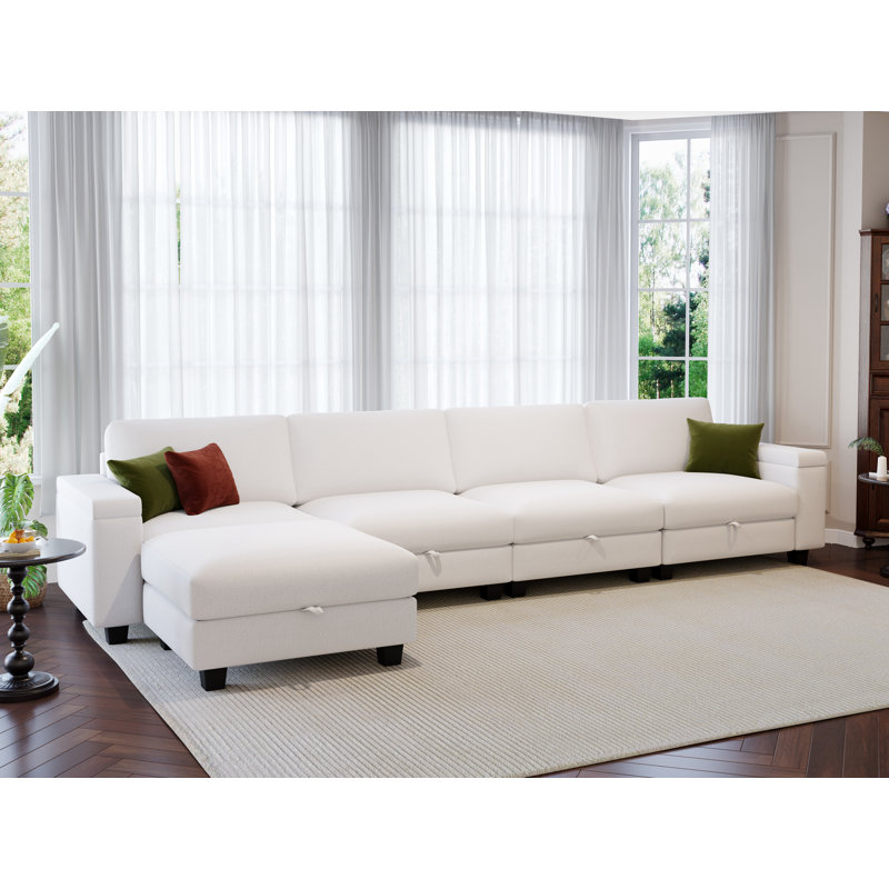 132'' Modular Sectional With Ottoman, White Linen Blend