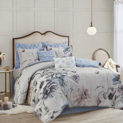 8 Piece Cotton Comforter Queen Blue - Shabby Chic Style, Soft Floral Print, Fill, , Contains 1 Comforter, 2 Euro Shams, 3 Decorative Pillows, Bed Skirt, Easy To Wash In Machine Printed Chic,