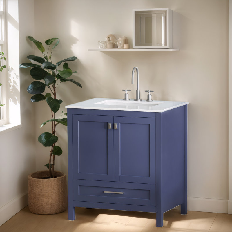 Meuble-lavabo autoportant de 30 po avec comptoir en marbre de Carrare, lavabo en céramique et rangement à fermeture en douceur