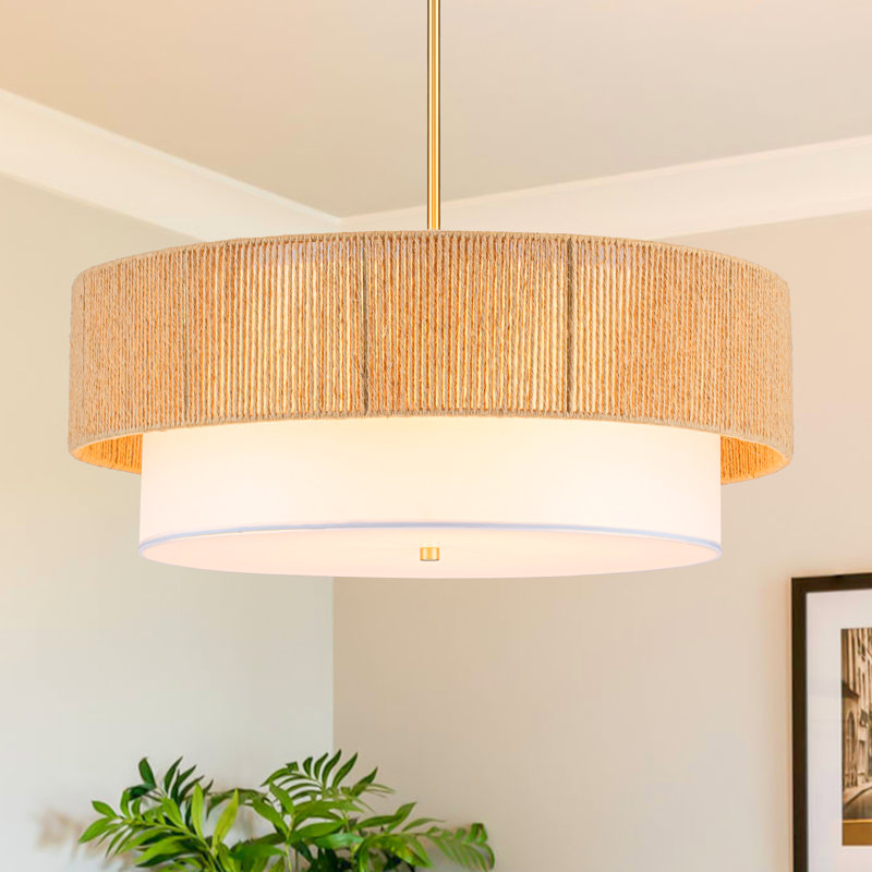 Lustre tambour tissé à la main à 3 lumières à intensité variable Atenas, Doré, H 7,2 po x l 18 po x P 18 po