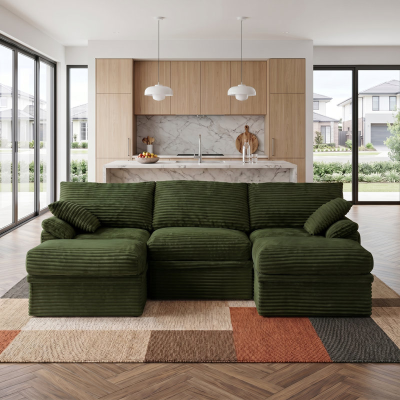 107" Cloud Modular Sectional Sofa, 5-Piece U Shaped Corner Couch with Hidden Storage and 2 Ottomans, Modern Minimalist Corduroy Upholstered Boneless Sofa for Living Room, Extra Deep Seat, Easy Assembly Required