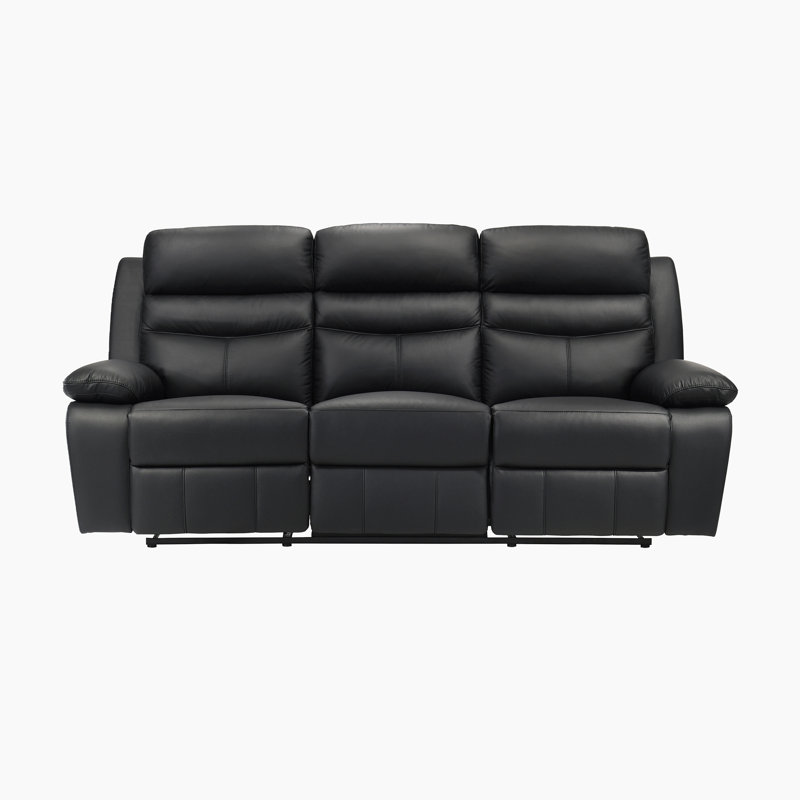 Kaniel 86.5" Modern & Contemporary Top Grain Leather Manual Double Reclining Sofa with Plush Pillow Top Armrests, Black