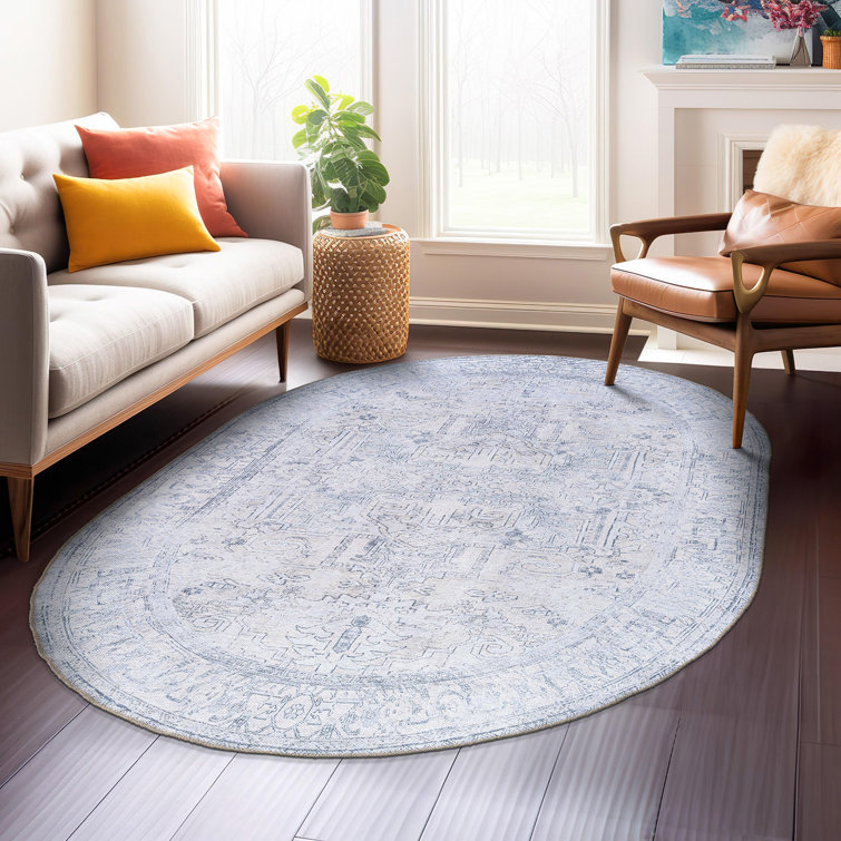 Griffey Oriental Machine Washable Blue/Ivory Non-Slip Backing Area Rug
