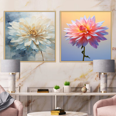 White And Coral Dahlia Flower Minimalism - Dahlia Square Collage Set Of 2