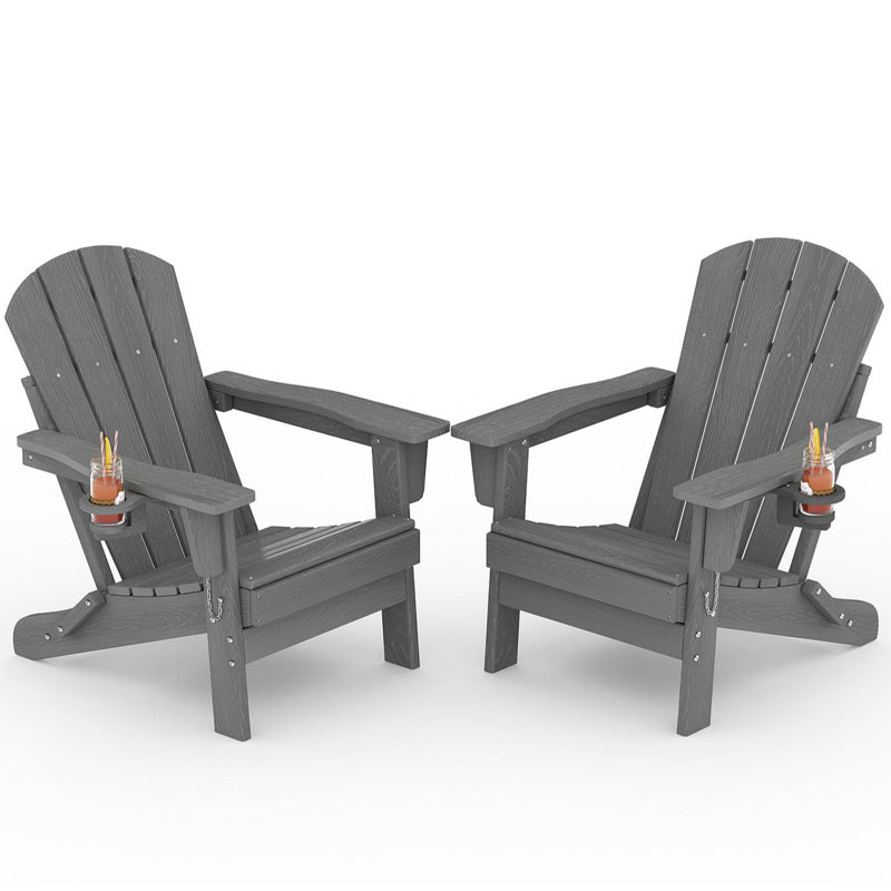 Set of 2 Folding Adirondack Chair with Cup Holder - All-Weather HDPE Outdoor Patio Chair, Wooden Textured Look & Foldable Design for Fire Pit, Deck, Garden, and Porch