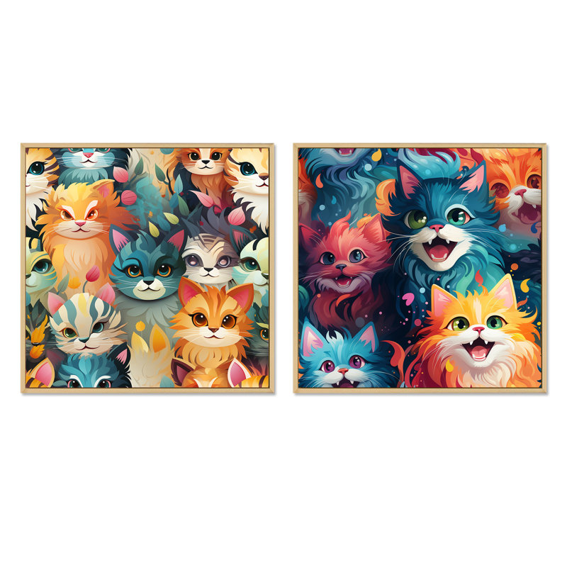 Ensemble de 2 papiers peints Curious Feline Army For Kids - animaux, Cadre flottant brun, H 30 po x l 61 po