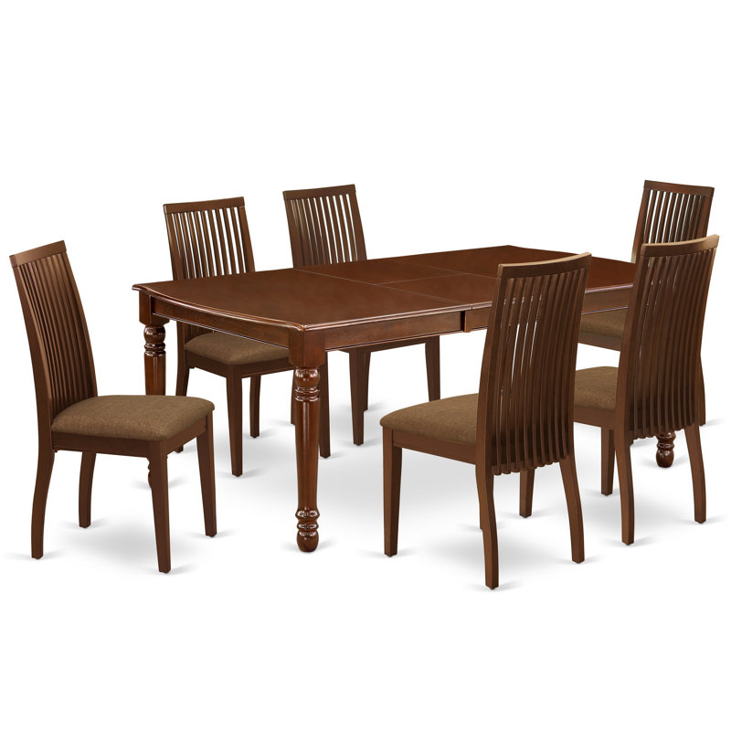 7 Piece Kitchen Table Set Consist of a Rectangle Dining Table with Butterfly Leaf and 6 Linen Fabric Upholstered Dining Chairs, 42x78 Inch, Mahogany