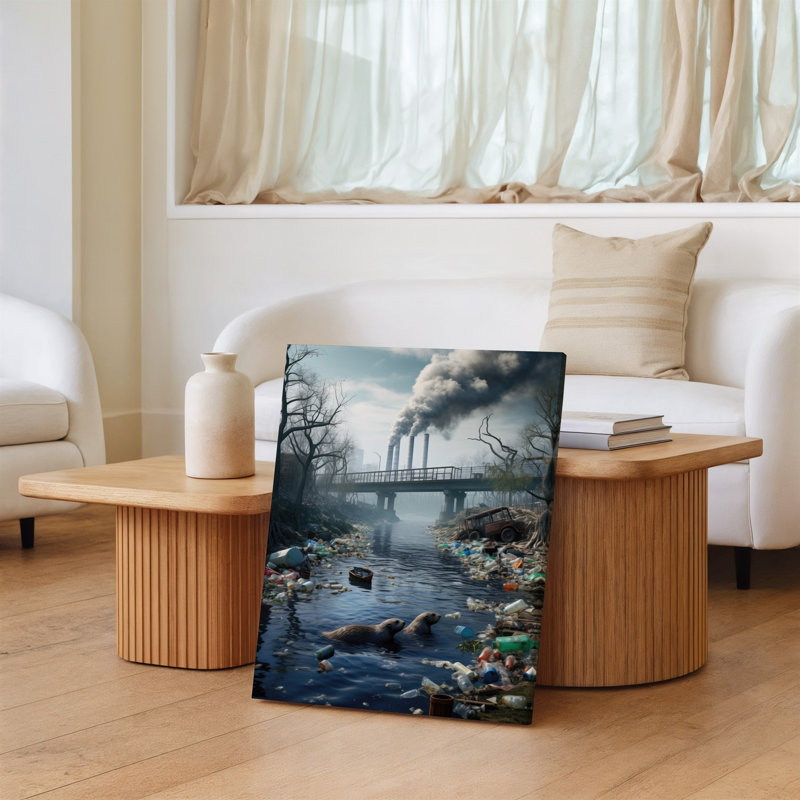 Toile, "Un paysage industriel désolé" avec une rivière polluée étouffée avec art mural, H 14 po x l 11 po