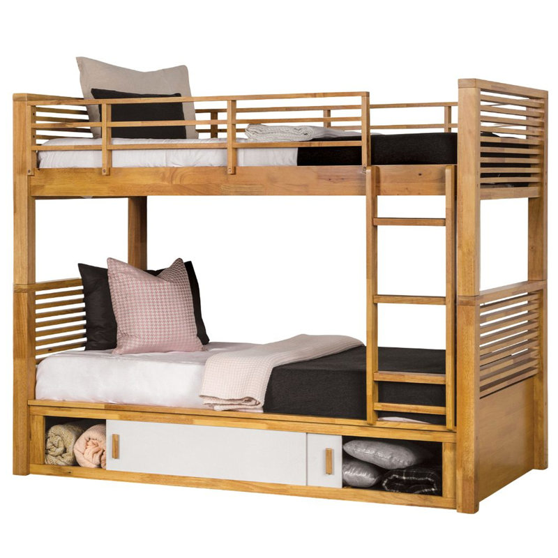 Lit superposé simple au-dessus de chêne au design transitionnel, structure en bois massif, rangement sous le lit et réversible avec finition, porte coulissante et joint