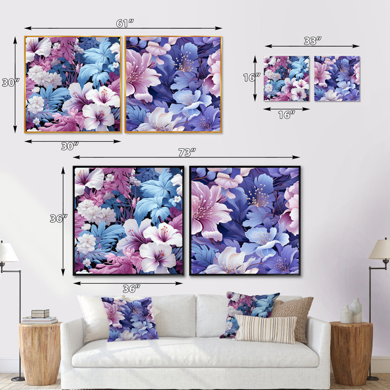 Tranquil Dreamscape - motif tropical - ensemble de 2 collages floraux carrés, Cadre flottant doré, H 30 po x l 61 po